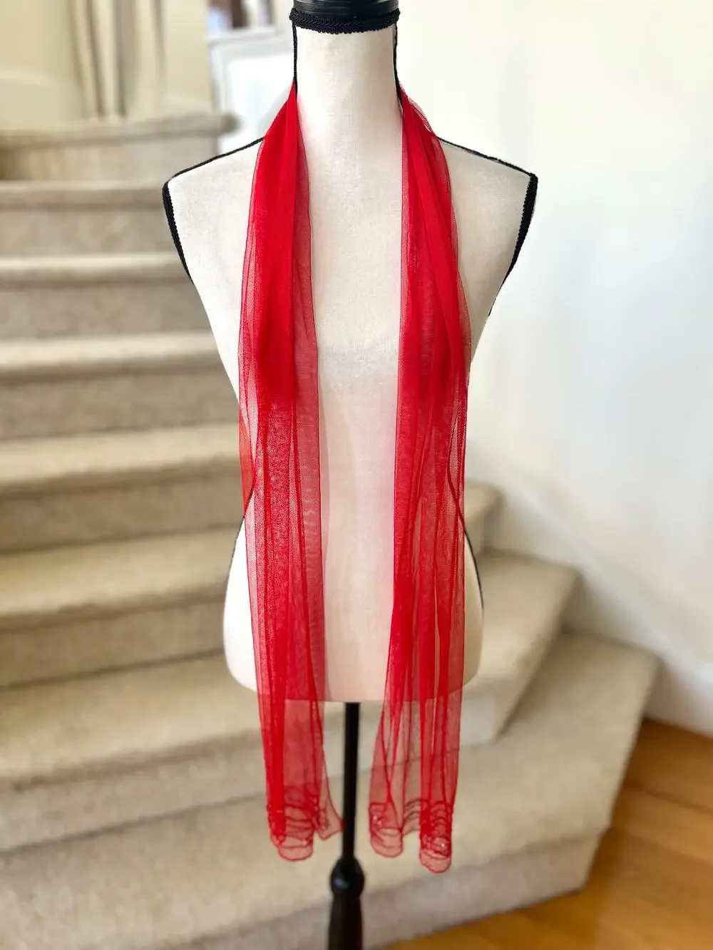 Vintage Y2K Red Mesh Beaded Hem Skinny Scarf